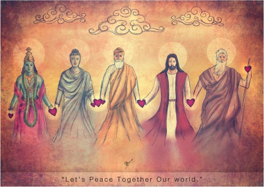 Five spiritual figures holding hearts, symbolising unity and peace among religions.